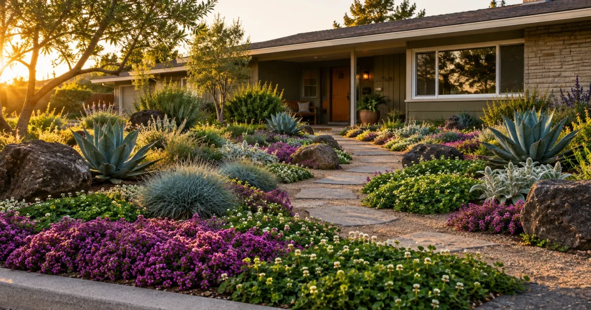 Stone paver walkway through a front yard landscaped with flowering ground cover, agaves, ornamental grasses, and boulders.