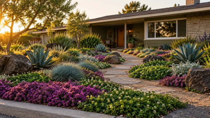 Stone paver walkway through a front yard landscaped with flowering ground cover, agaves, ornamental grasses, and boulders.