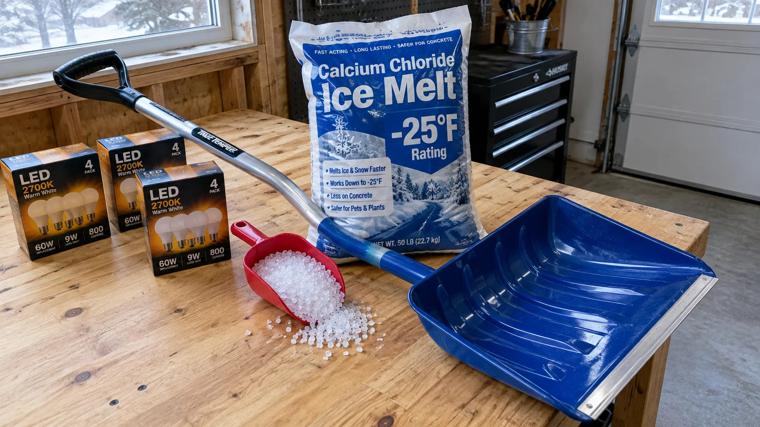 Bag of calcium chloride ice melt, blue ergonomic snow shovel, red scoop with pellets, and lightbulbs on a wooden workbench.