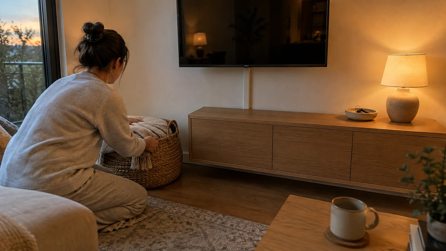 Woman kneeling on a living room floor placing a folded blanket into a woven basket near a TV console and lamp.