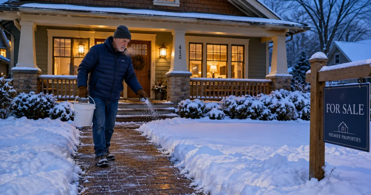 A man scatters salt along a cleared brick walkway in front of a snow-covered house with a for sale sign.