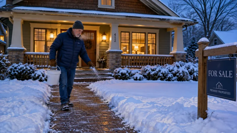 A man scatters salt along a cleared brick walkway in front of a snow-covered house with a for sale sign.