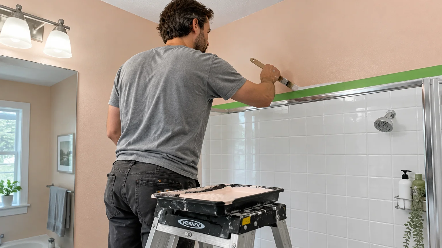 A man on a stepladder uses a paintbrush to edge along green painter's tape above white bathroom shower tiles.