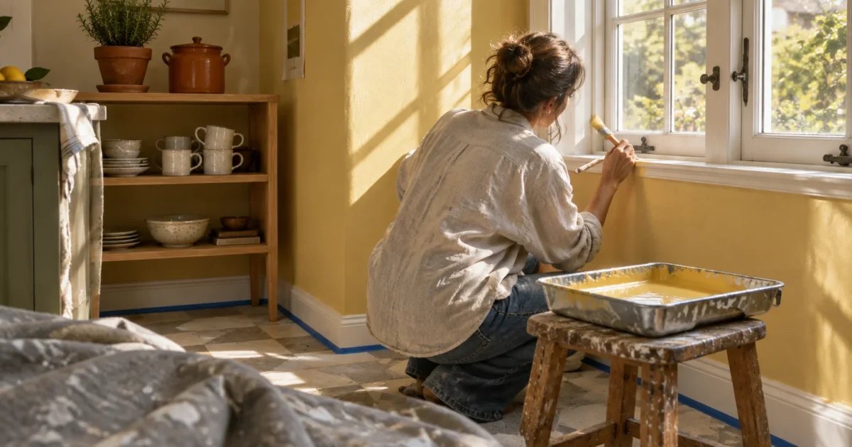 Woman painting a kitchen wall yellow beside a sunny window with a tray of paint on a small stool.