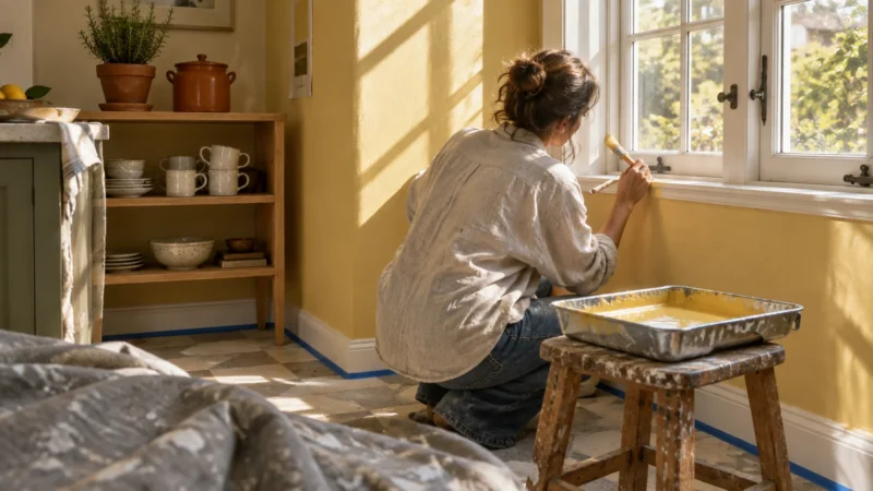 Woman painting a kitchen wall yellow beside a sunny window with a tray of paint on a small stool.