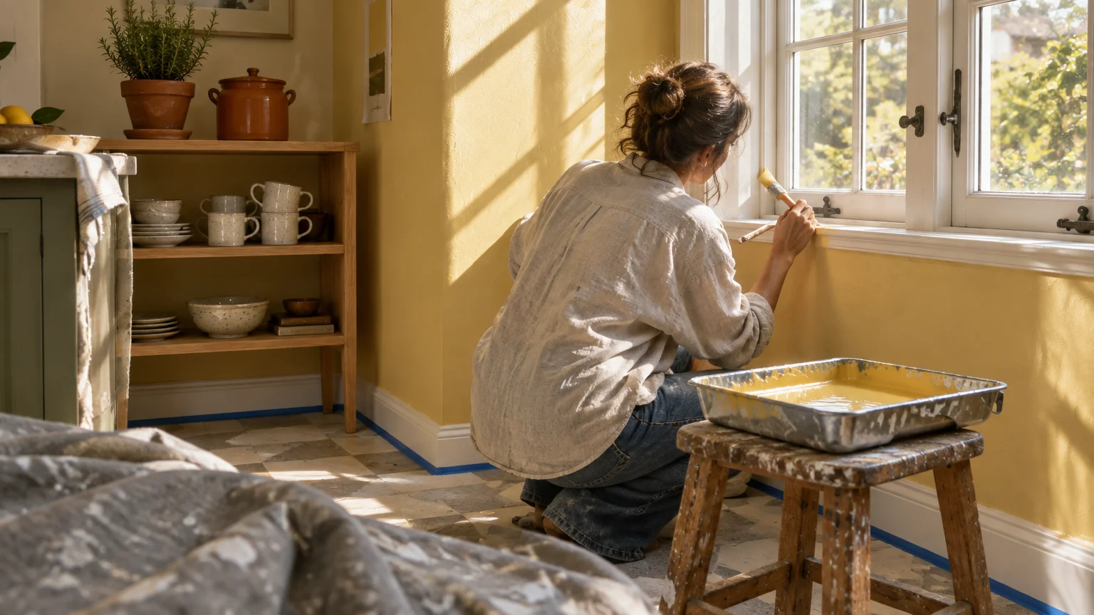 Woman painting a kitchen wall yellow beside a sunny window with a tray of paint on a small stool.