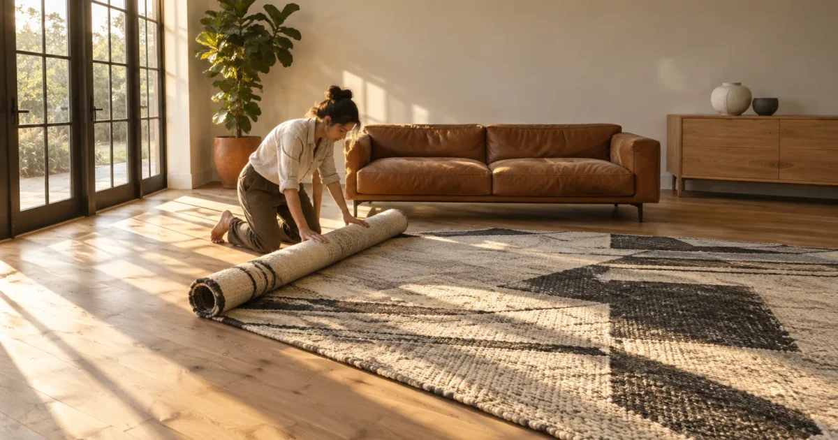 Woman kneeling on wood flooring while unrolling a patterned area rug in a sunlit living room with a leather couch.