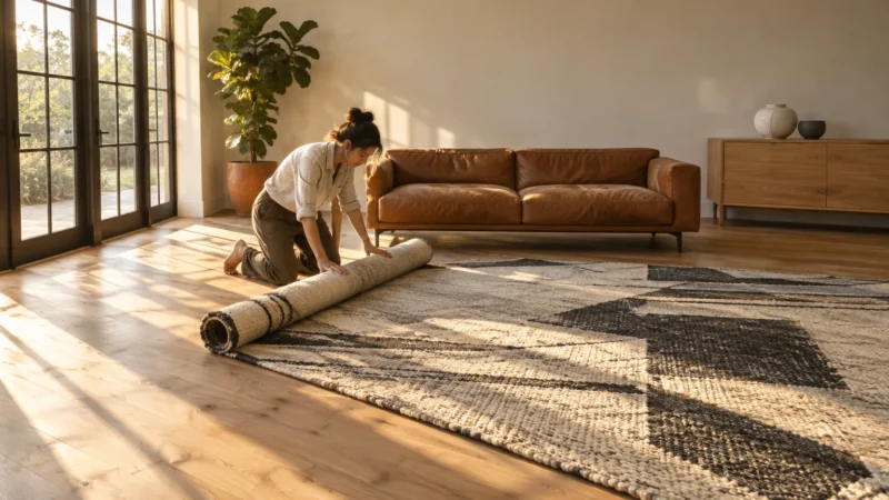 Woman kneeling on wood flooring while unrolling a patterned area rug in a sunlit living room with a leather couch.
