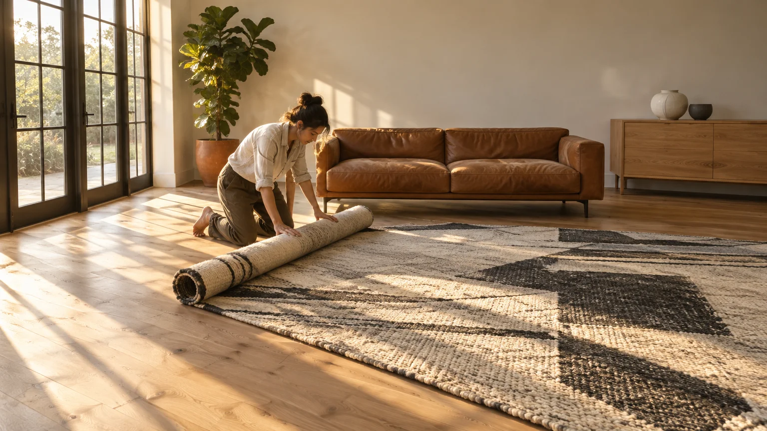 Woman kneeling on wood flooring while unrolling a patterned area rug in a sunlit living room with a leather couch.