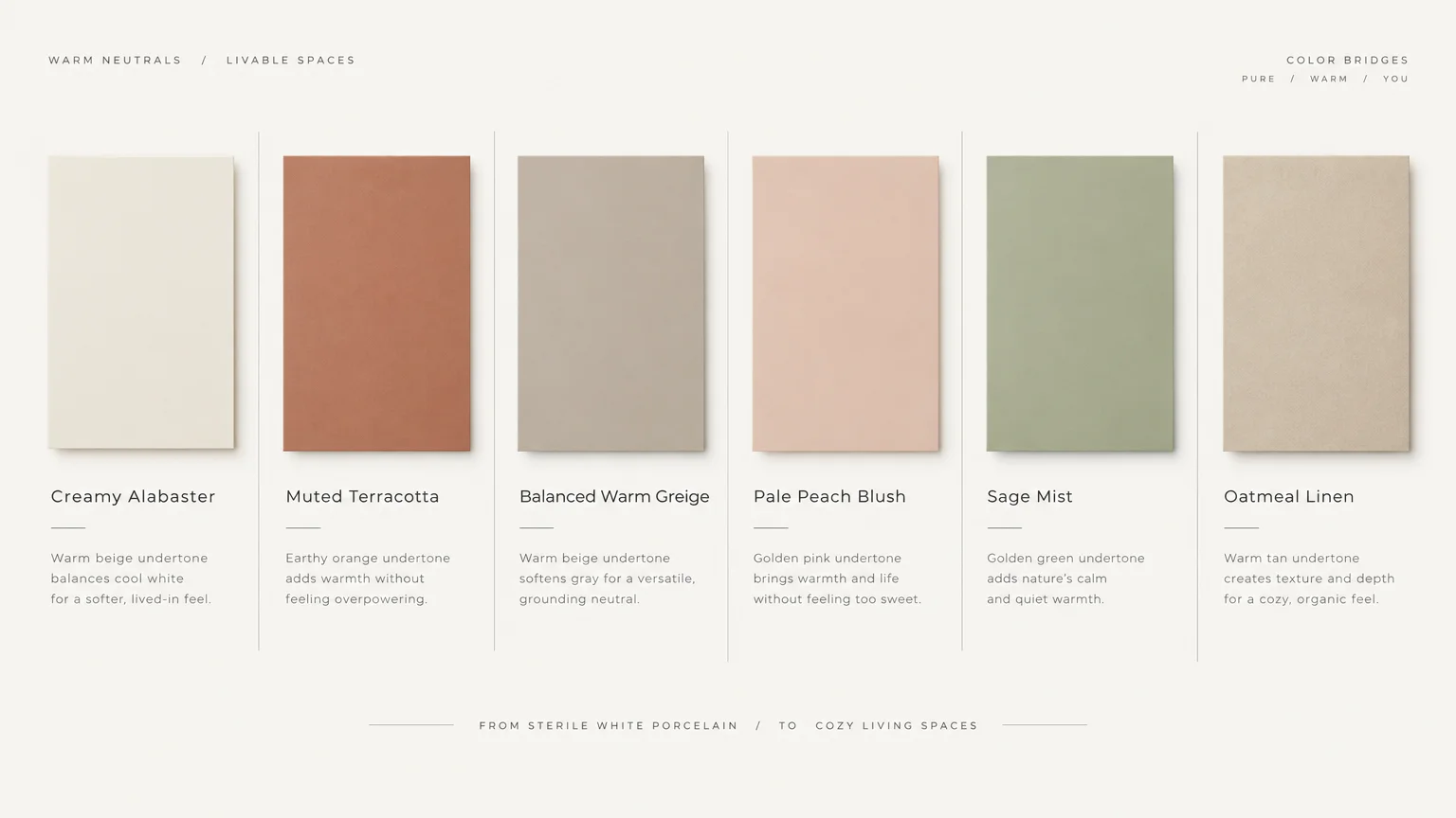 Six paint swatch cards showing shades from alabaster and terracotta to blush and sage with undertone descriptions.