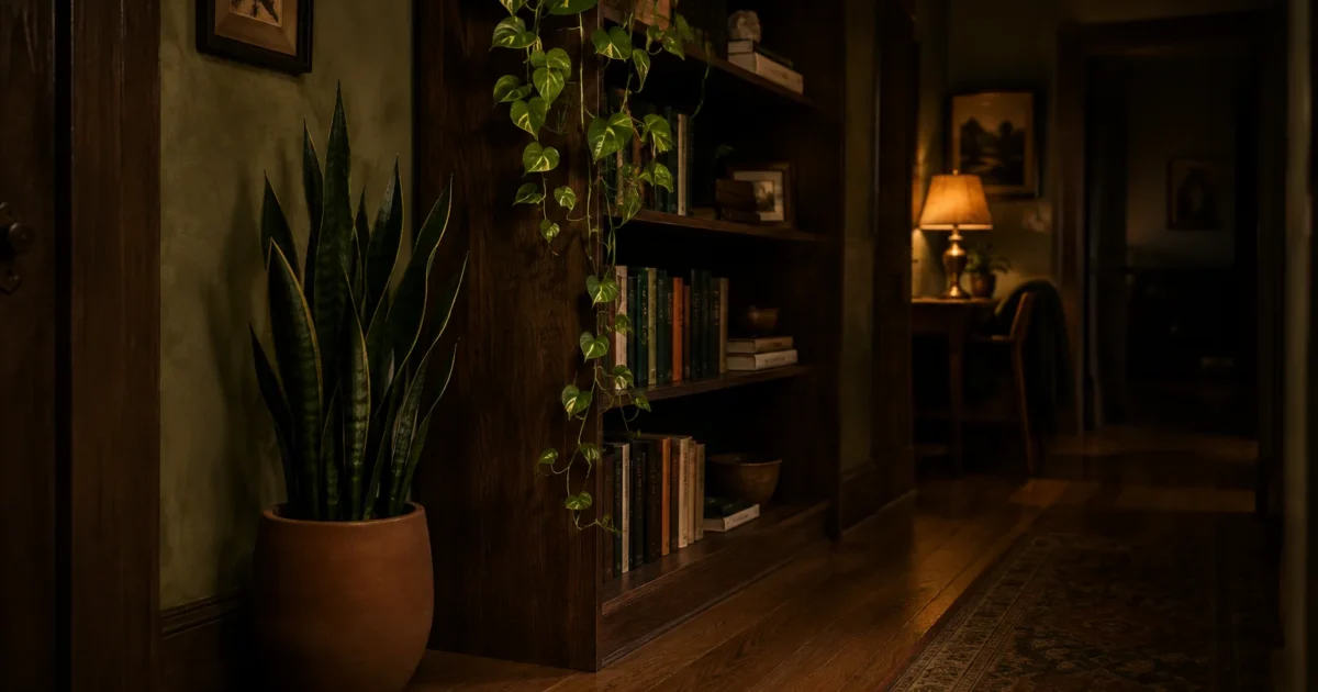 Potted snake plant and cascading pothos beside a wooden bookshelf in a dimly lit hallway with a lamp in the background.