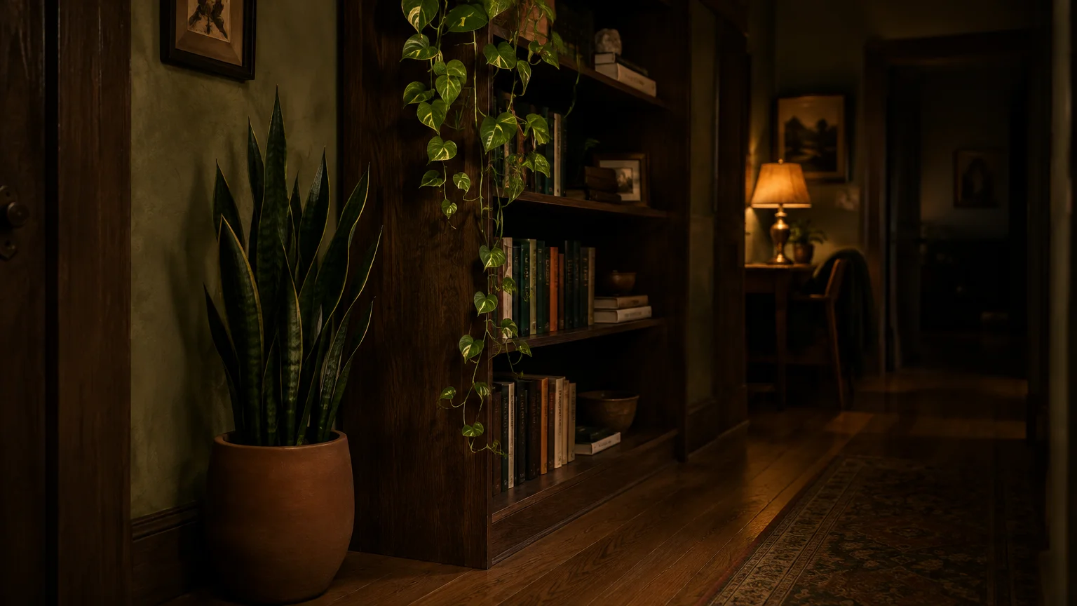 Potted snake plant and cascading pothos beside a wooden bookshelf in a dimly lit hallway with a lamp in the background.