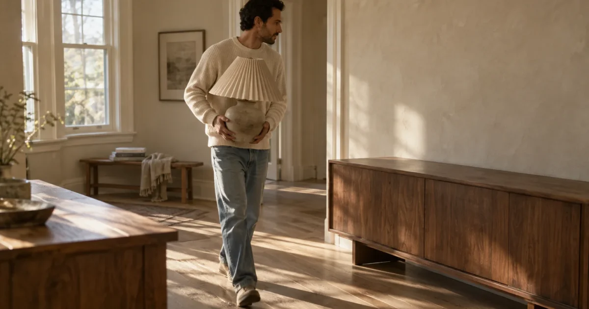 A man in a sweater carries a ceramic lamp with a pleated shade across a bright room with wooden furniture.