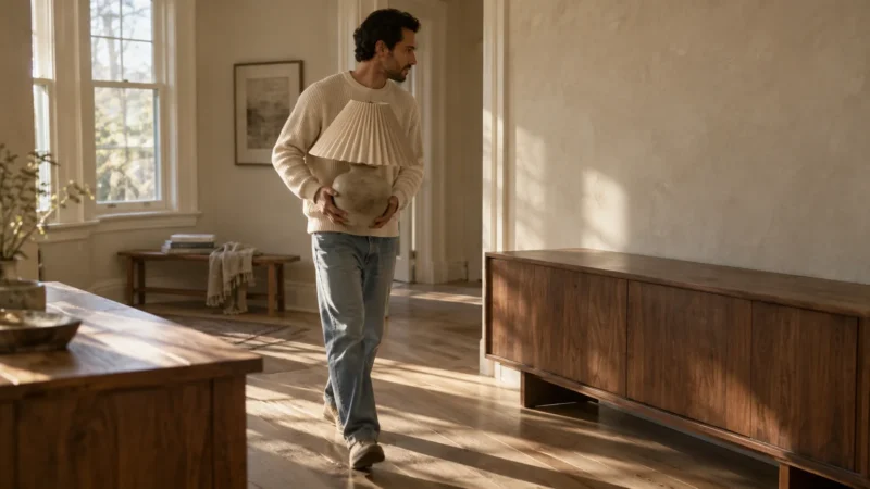 A man in a sweater carries a ceramic lamp with a pleated shade across a bright room with wooden furniture.