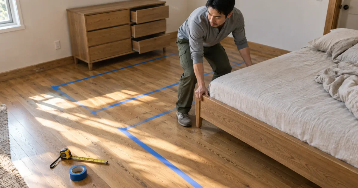 A man moves a wooden bed frame over hardwood flooring marked with blue painter's tape and measuring tools.