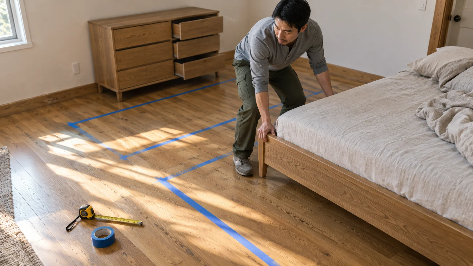 A man moves a wooden bed frame over hardwood flooring marked with blue painter's tape and measuring tools.