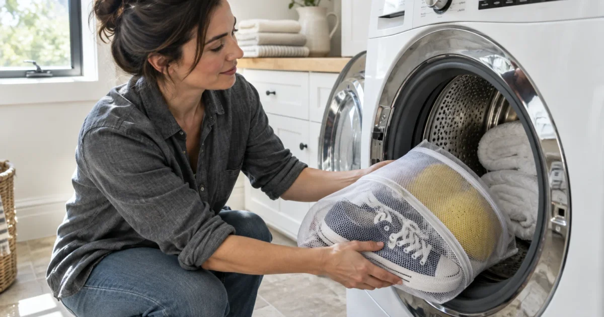A woman placing a white mesh laundry bag holding sneakers into an open front-loading washing machine drum.