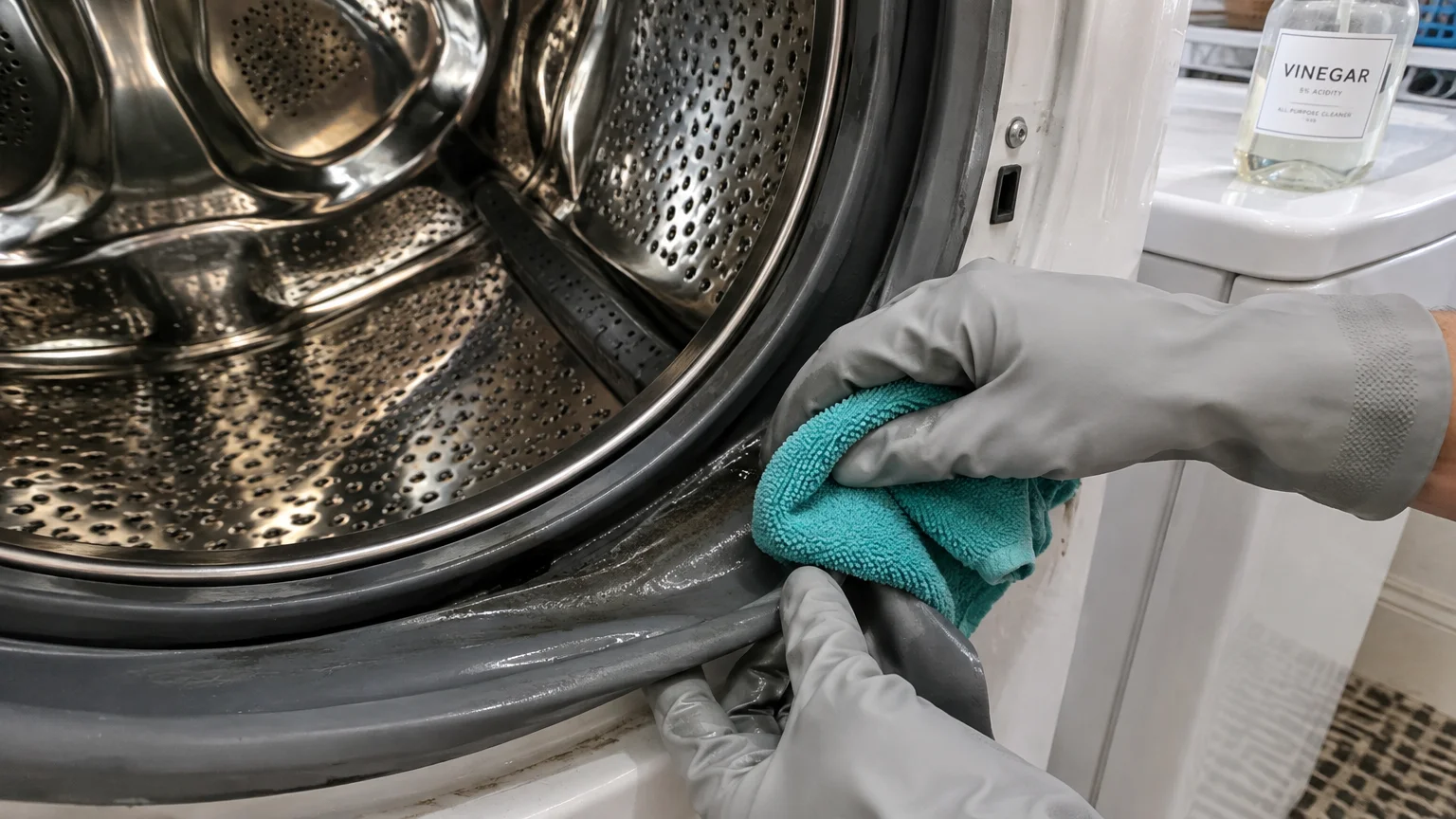 Gloved hands wiping down a dirty front-load washing machine rubber door gasket with a cloth next to a vinegar bottle.