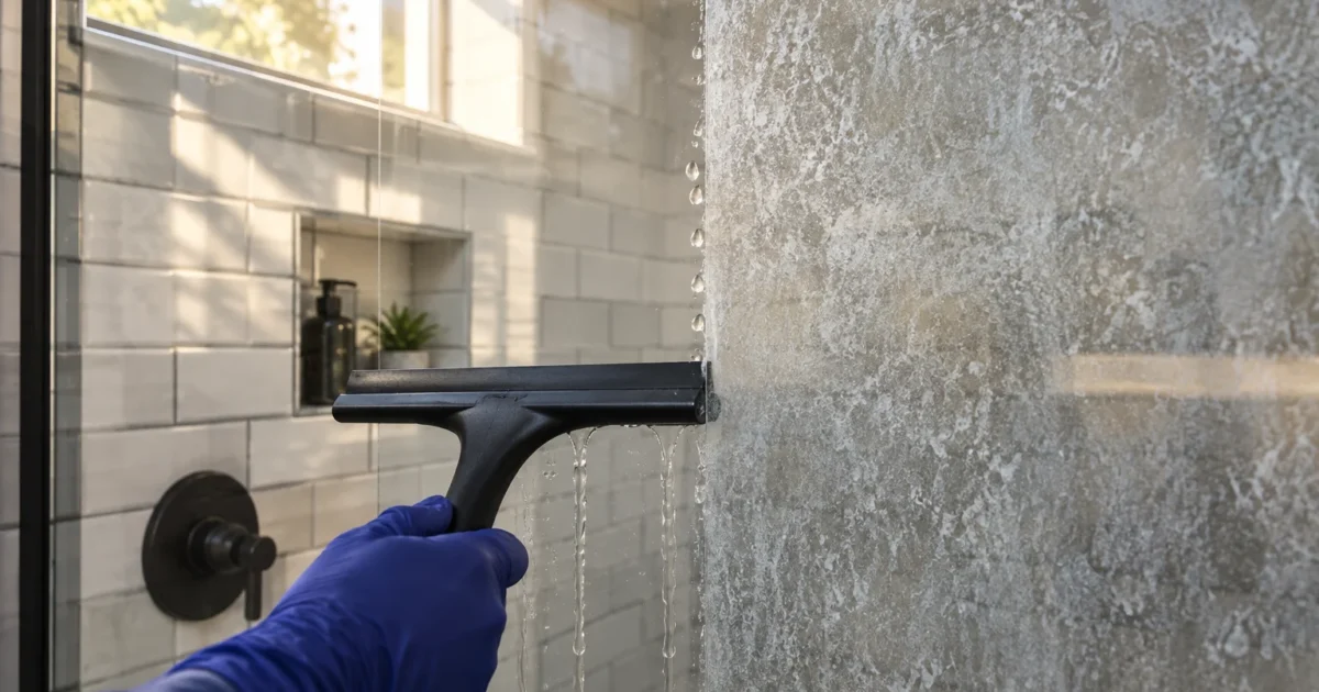 A gloved hand wipes a squeegee across a cloudy glass shower door, clearing a clean vertical strip.