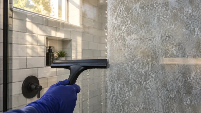 A gloved hand wipes a squeegee across a cloudy glass shower door, clearing a clean vertical strip.