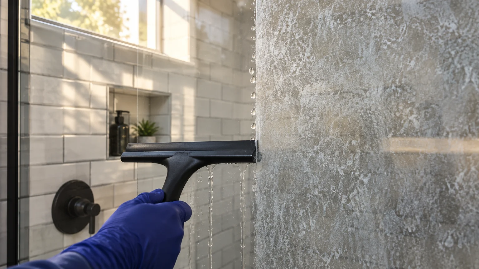 A gloved hand wipes a squeegee across a cloudy glass shower door, clearing a clean vertical strip.