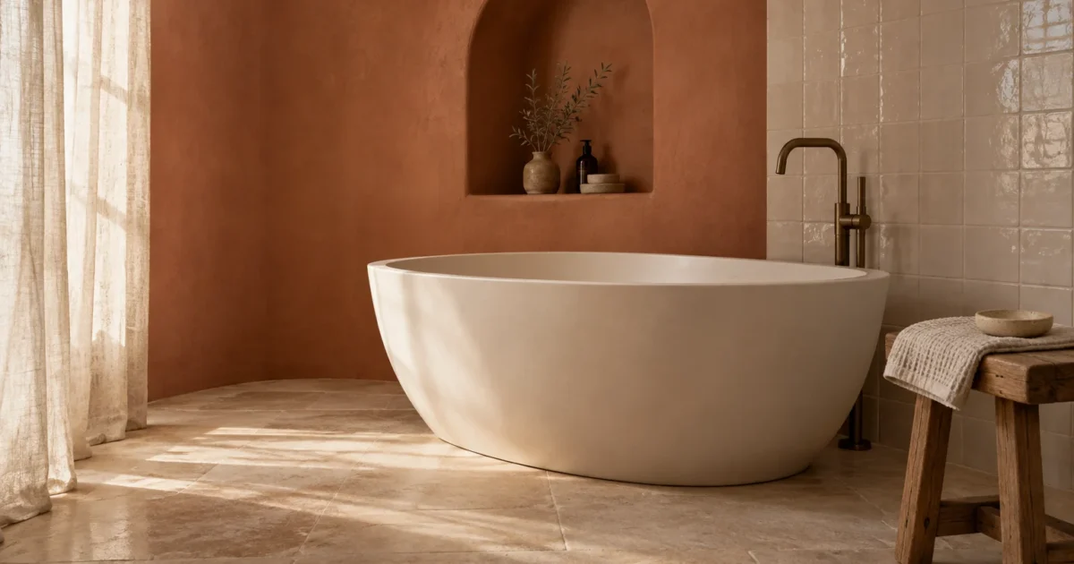 Freestanding oval bathtub against terracotta walls and glossy beige tiles, beside an arched wall niche and wooden stool.