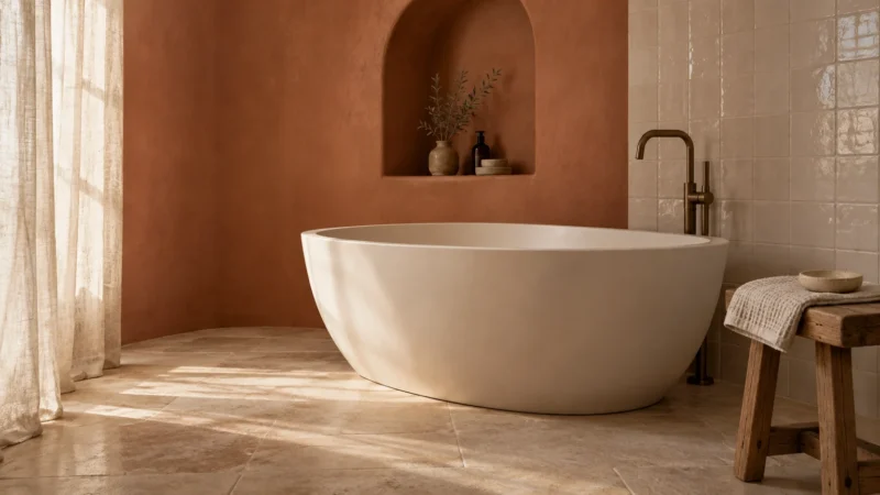 Freestanding oval bathtub against terracotta walls and glossy beige tiles, beside an arched wall niche and wooden stool.