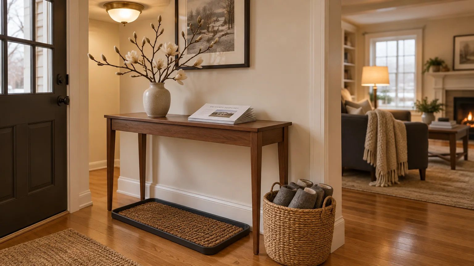 A foyer console table with a vase of branches, property brochures, a boot tray beneath, and slippers in a woven basket.