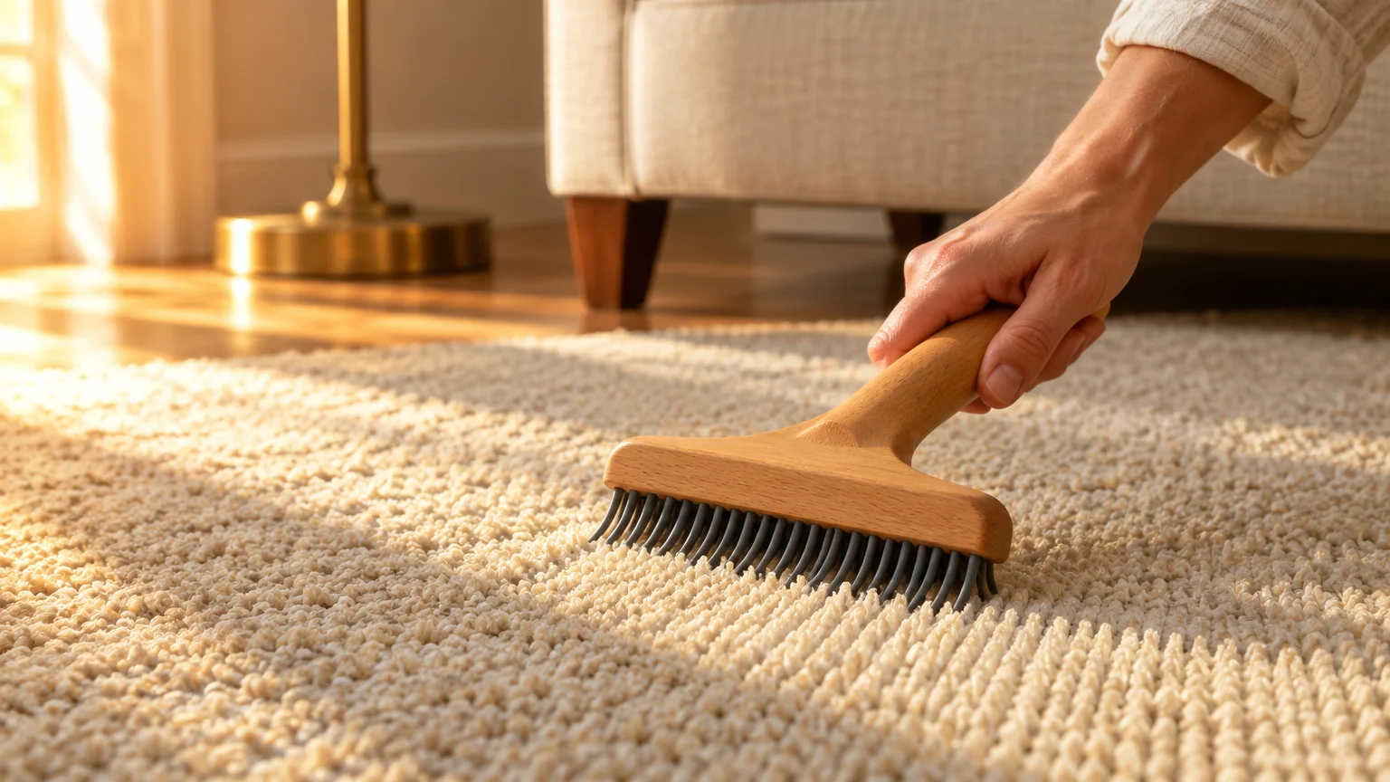 Hand using a wooden carpet rake with dark bristles to groom a textured beige rug near a sofa.