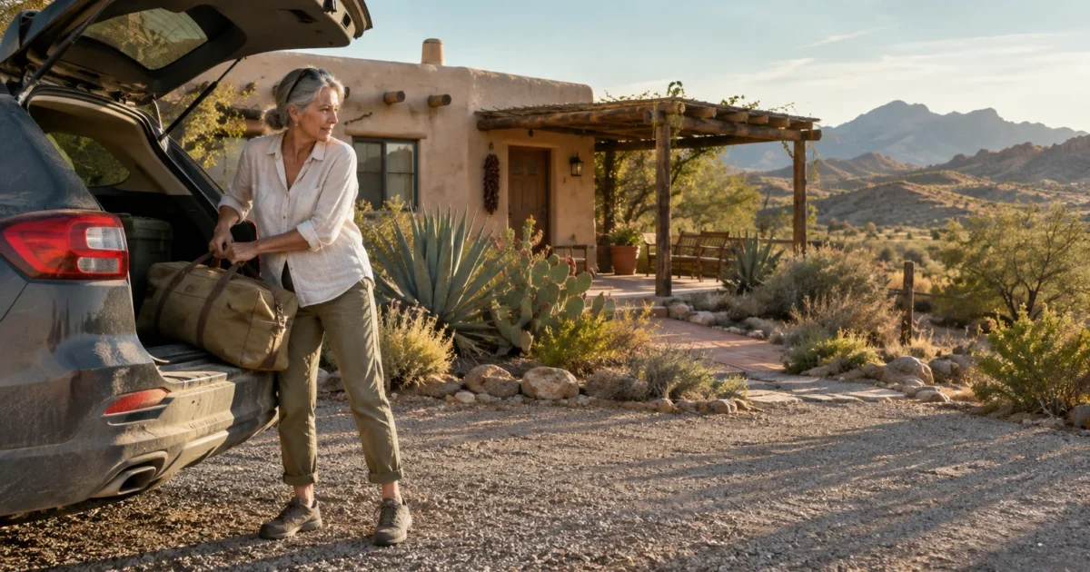 A senior woman unloads a duffel bag from an SUV trunk outside an adobe home in a sunny desert landscape.