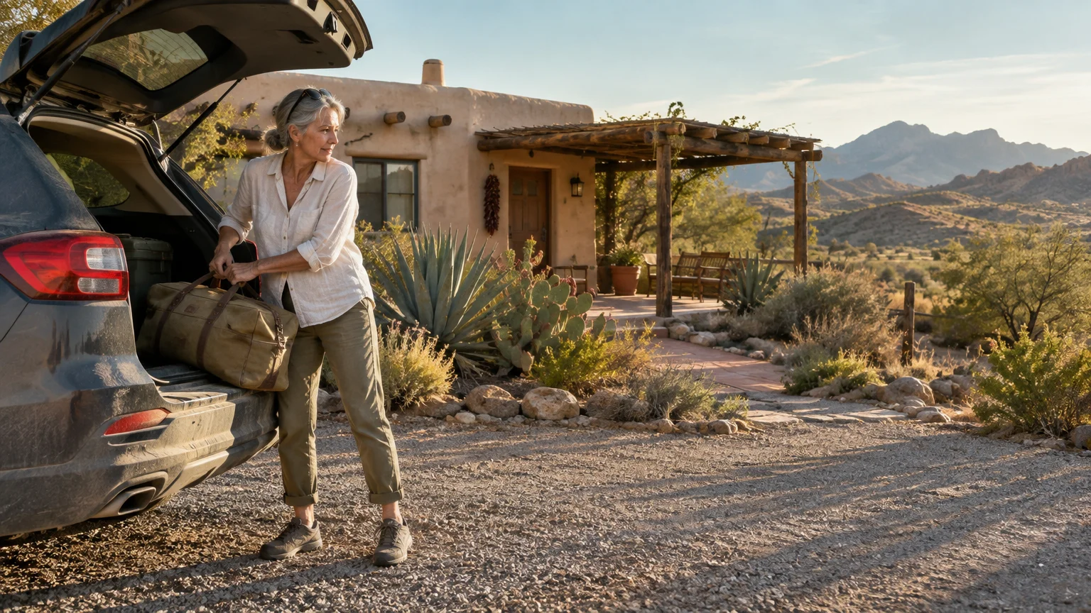 A senior woman unloads a duffel bag from an SUV trunk outside an adobe home in a sunny desert landscape.