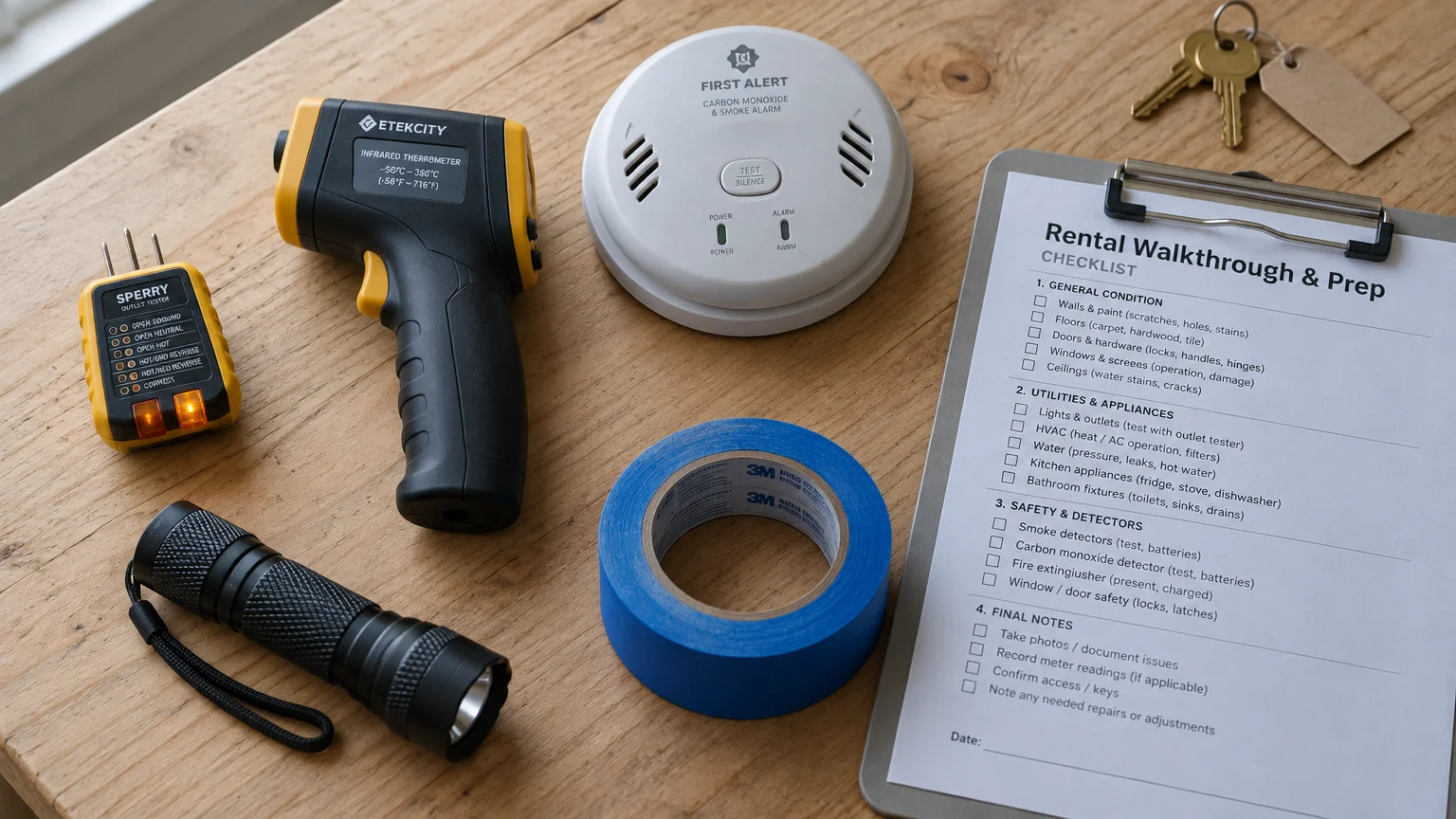 An outlet tester, infrared thermometer, smoke alarm, painter tape, flashlight, keys, and a rental checklist on a clipboard.