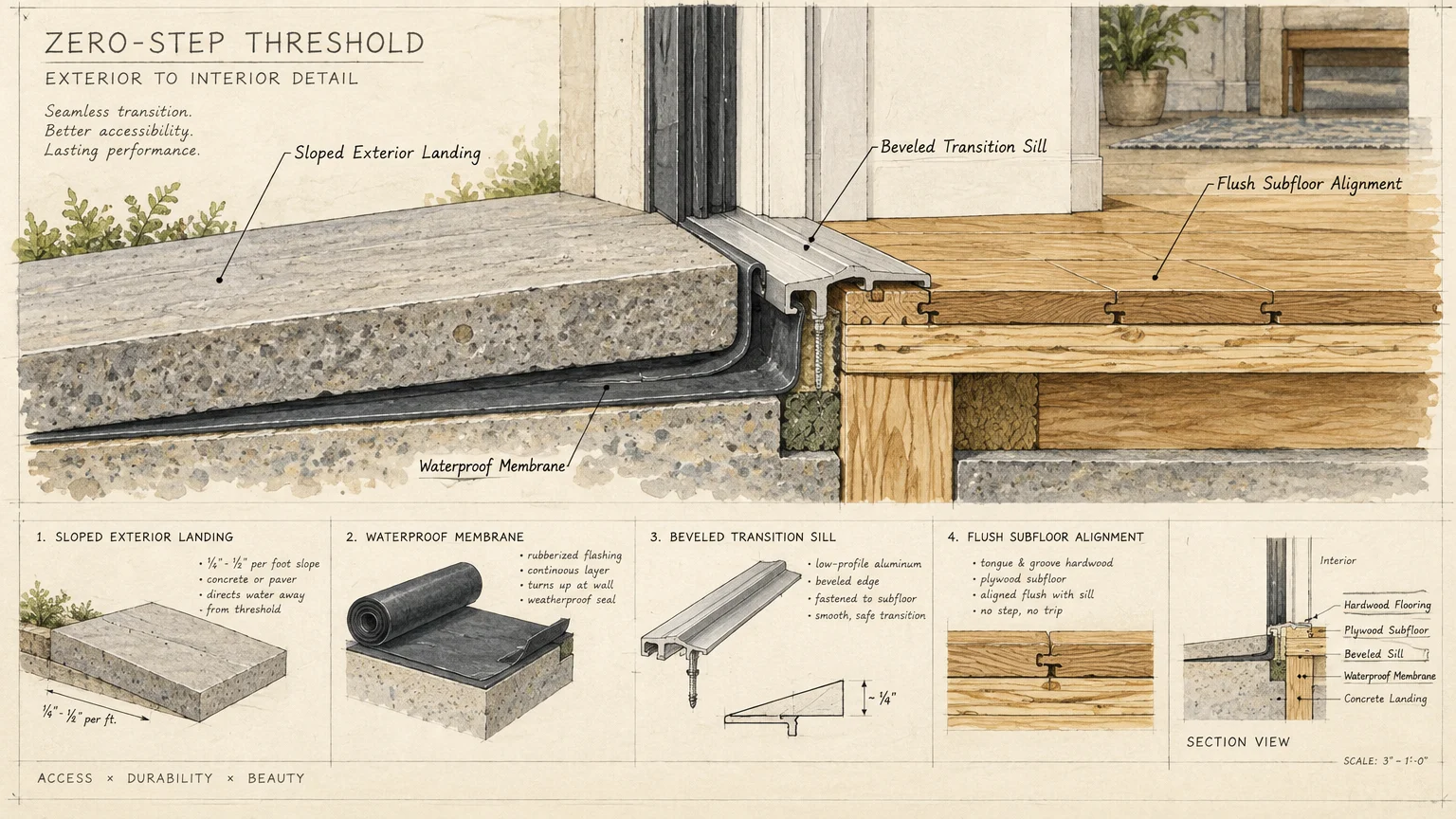Architectural diagram showing a cross-section of a zero-step threshold from exterior concrete landing to interior wood floor.