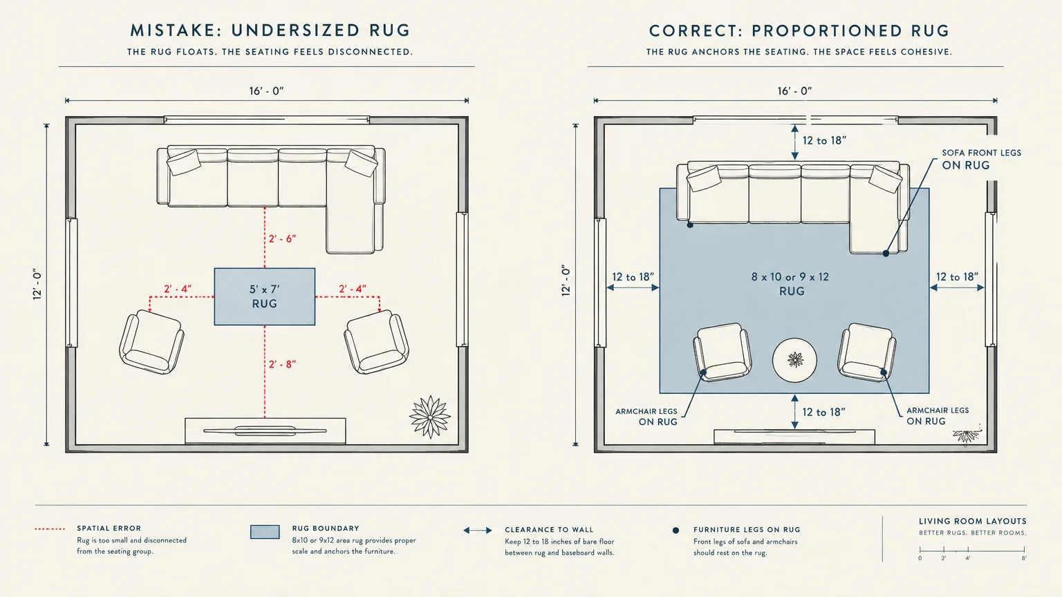 Floor plan diagram comparing an undersized rug layout against a correctly proportioned rug anchoring living room furniture.
