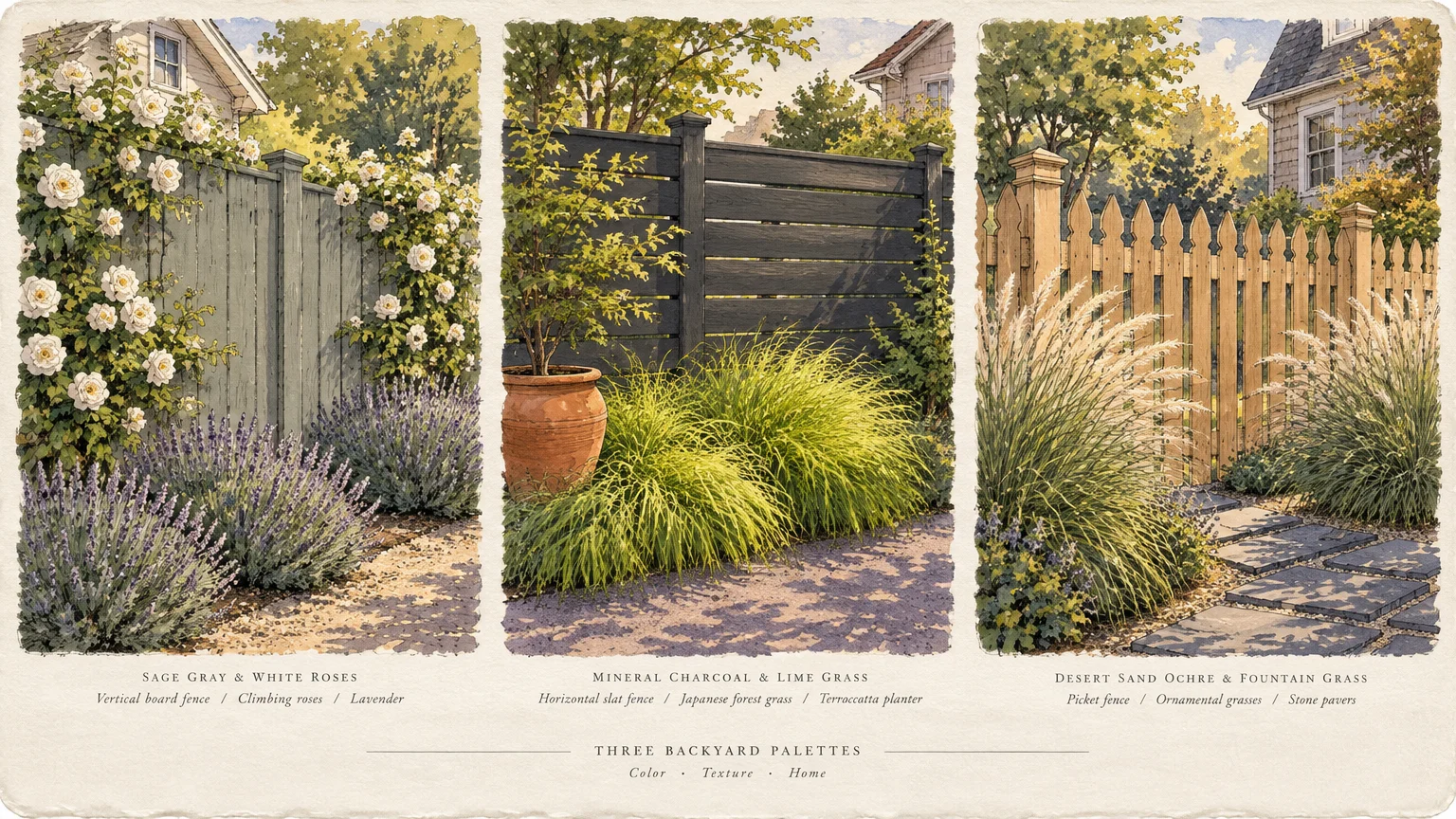 Watercolor illustration showing three fence paint styles: sage gray board, black horizontal slats, and a wooden picket fence.