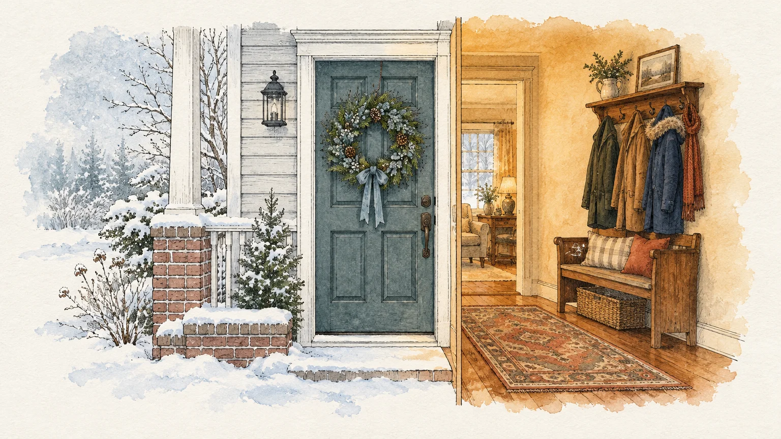 Split watercolor view of a snowy front porch with a wreathed blue door, opening into a warm entryway hall.