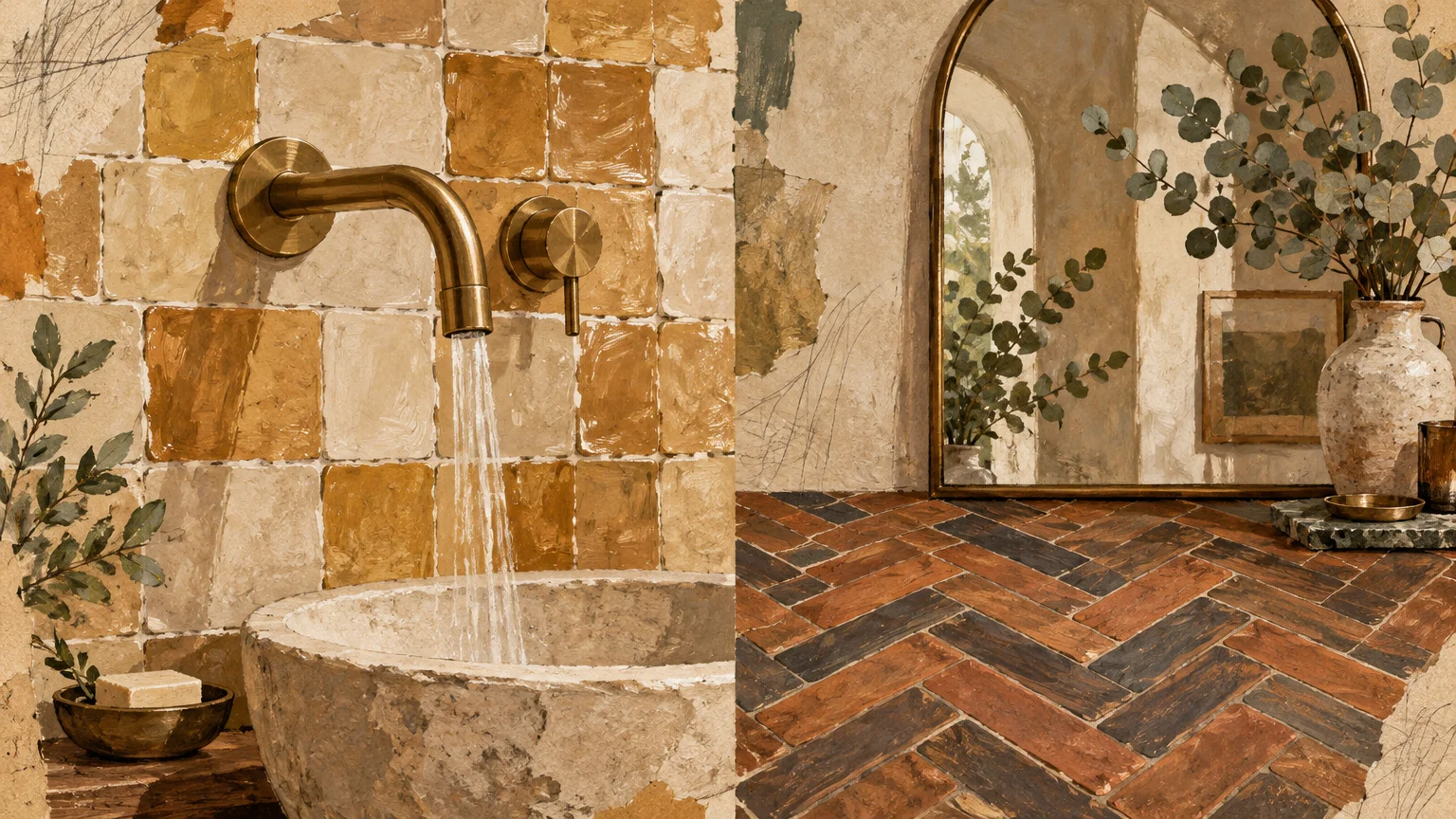 Gouache illustration collage of brass faucet with running water over stone basin, gold zellige tiles, and brick floor.