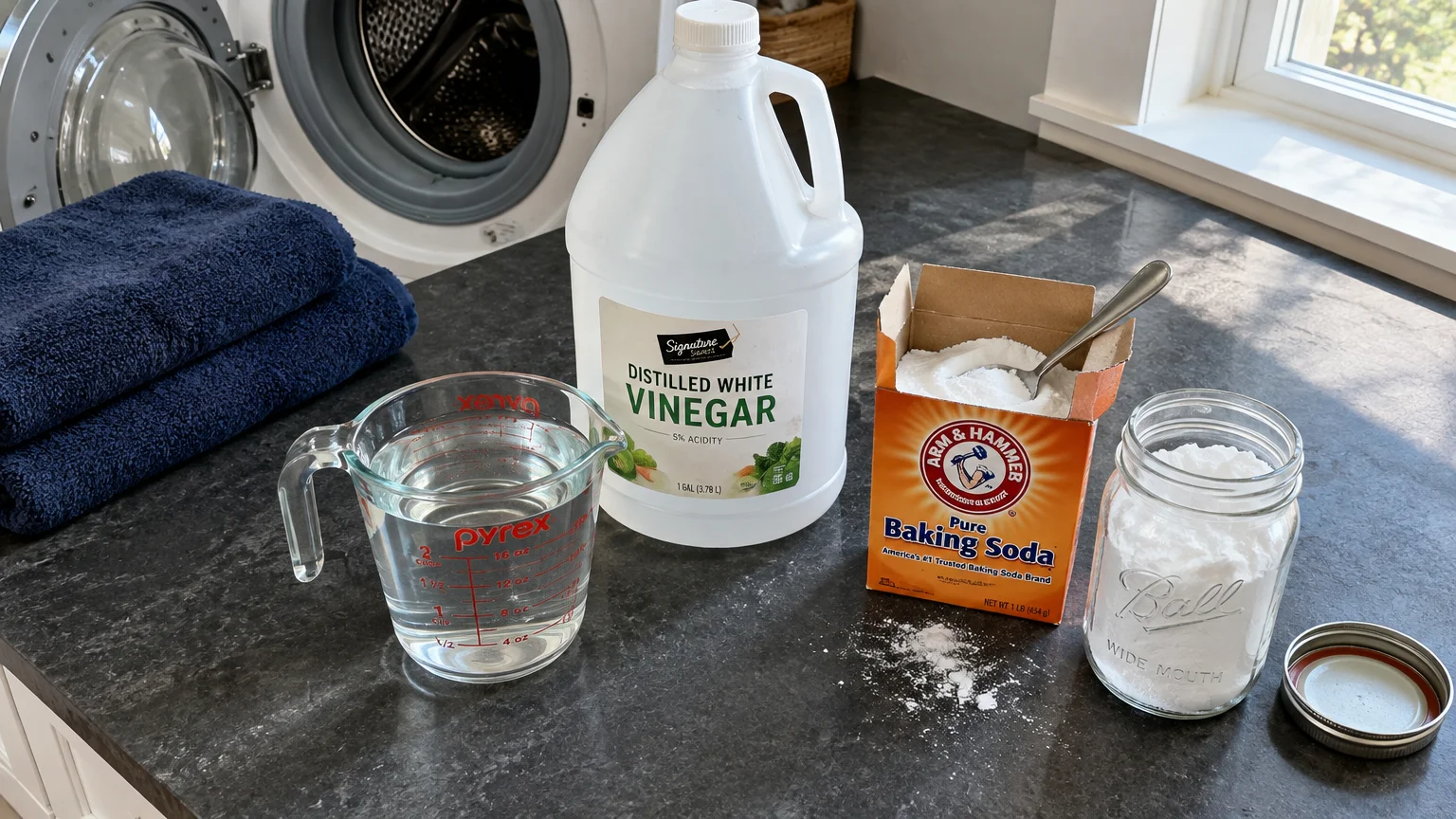A gallon of white vinegar, measuring cup, baking soda box, and jar set beside folded blue towels near a washer.