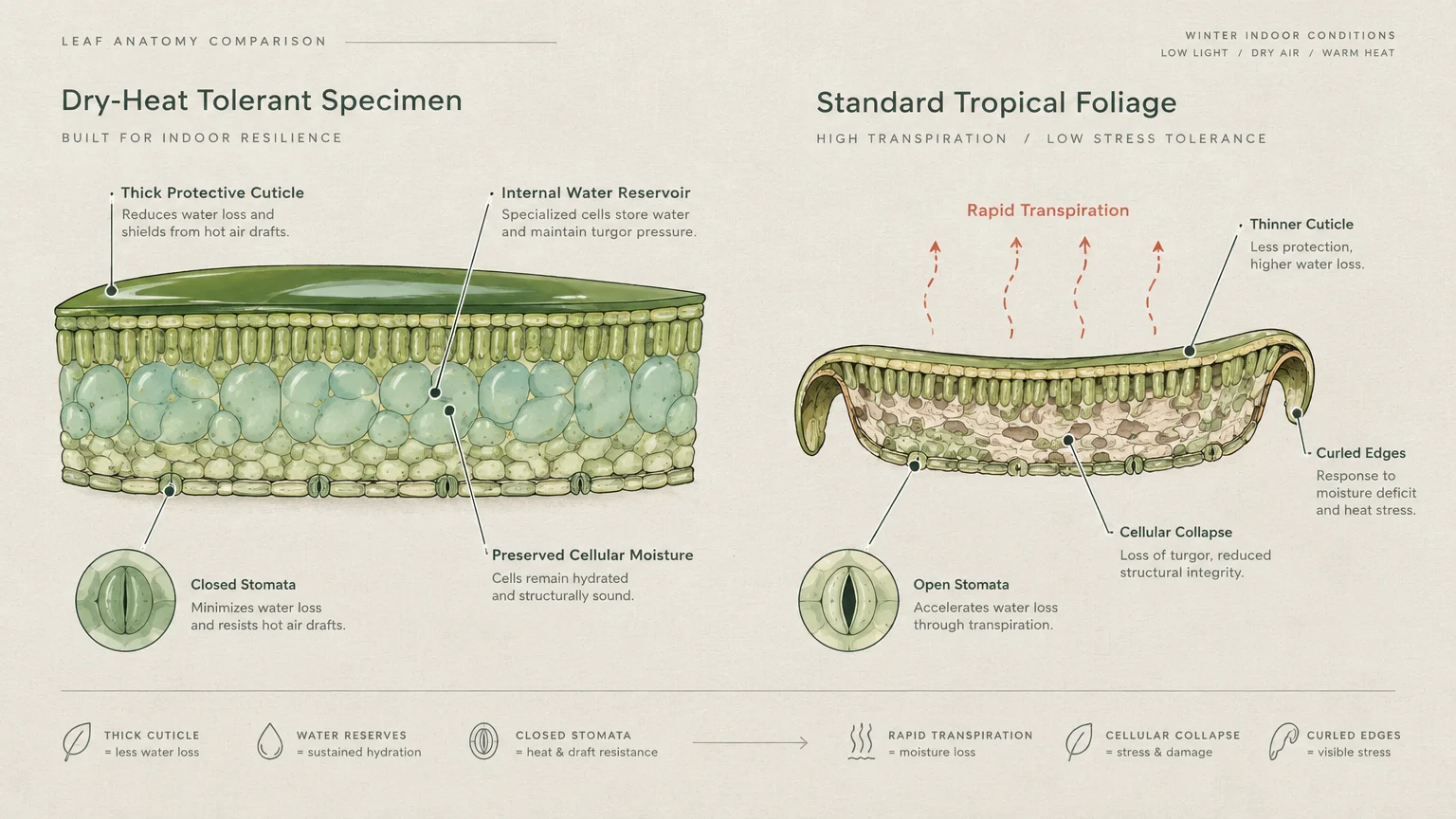 Diagram comparing cross sections of a dry-heat tolerant leaf specimen versus standard tropical foliage under winter conditions.