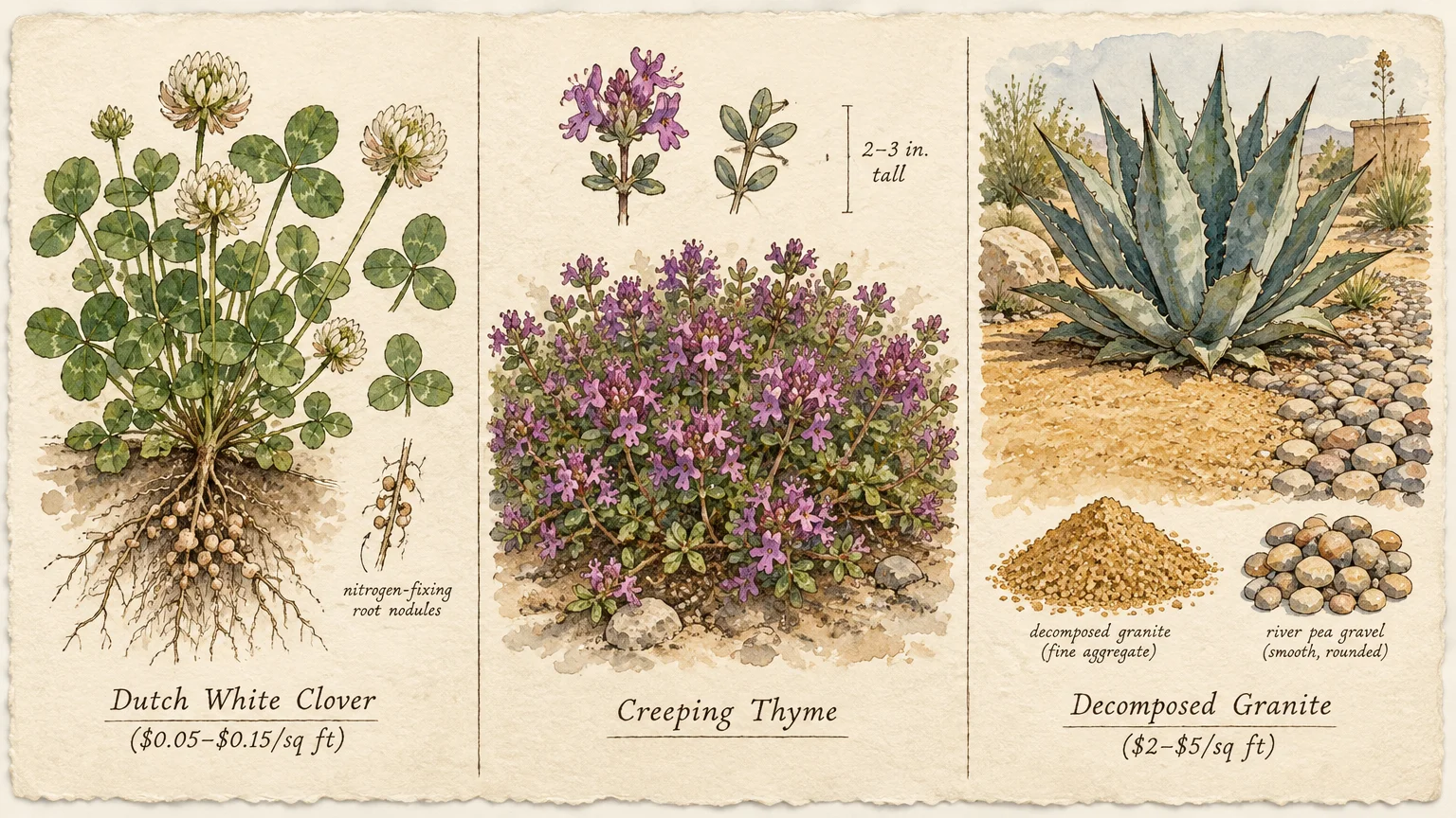 Botanical watercolor illustrations of Dutch white clover, creeping thyme, and an agave plant with decomposed granite.
