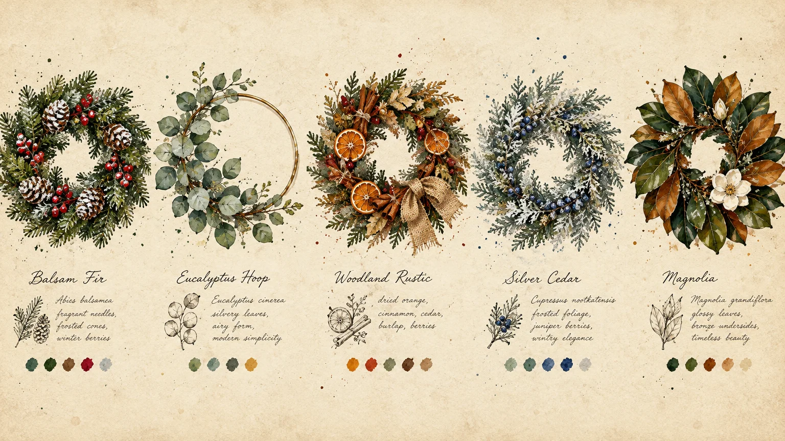 Botanical watercolor illustrations of five holiday wreaths with labeled foliage names and color palettes on vintage paper.