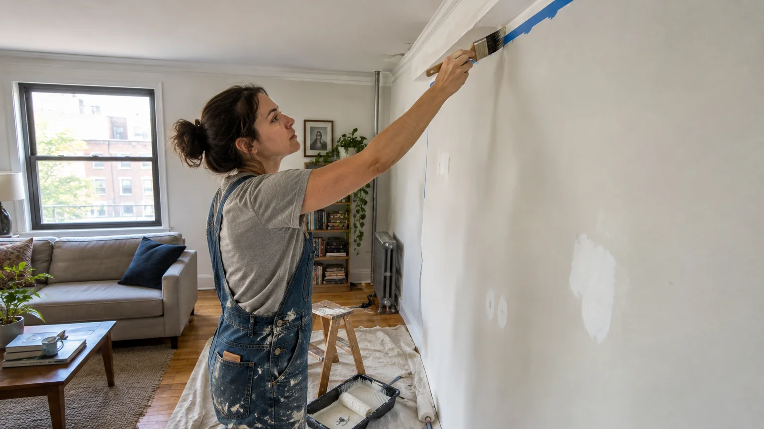 Woman in denim overalls painting the upper edge of a living room wall with a brush along blue tape.