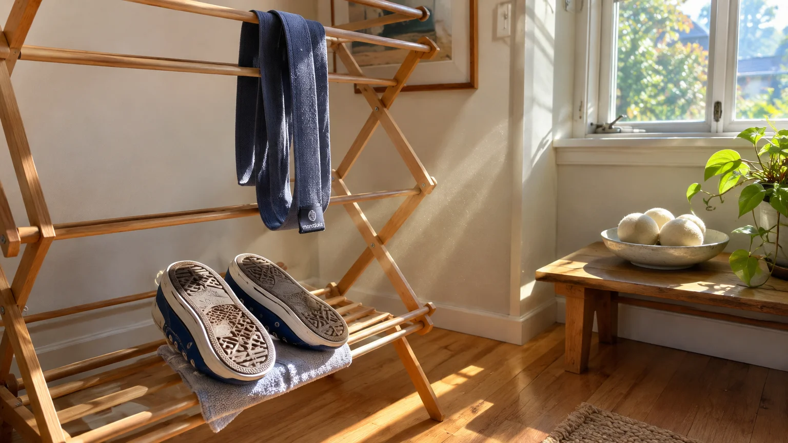 Blue canvas sneakers and a fabric strap resting on a wooden drying rack in a sunlit room by a window.