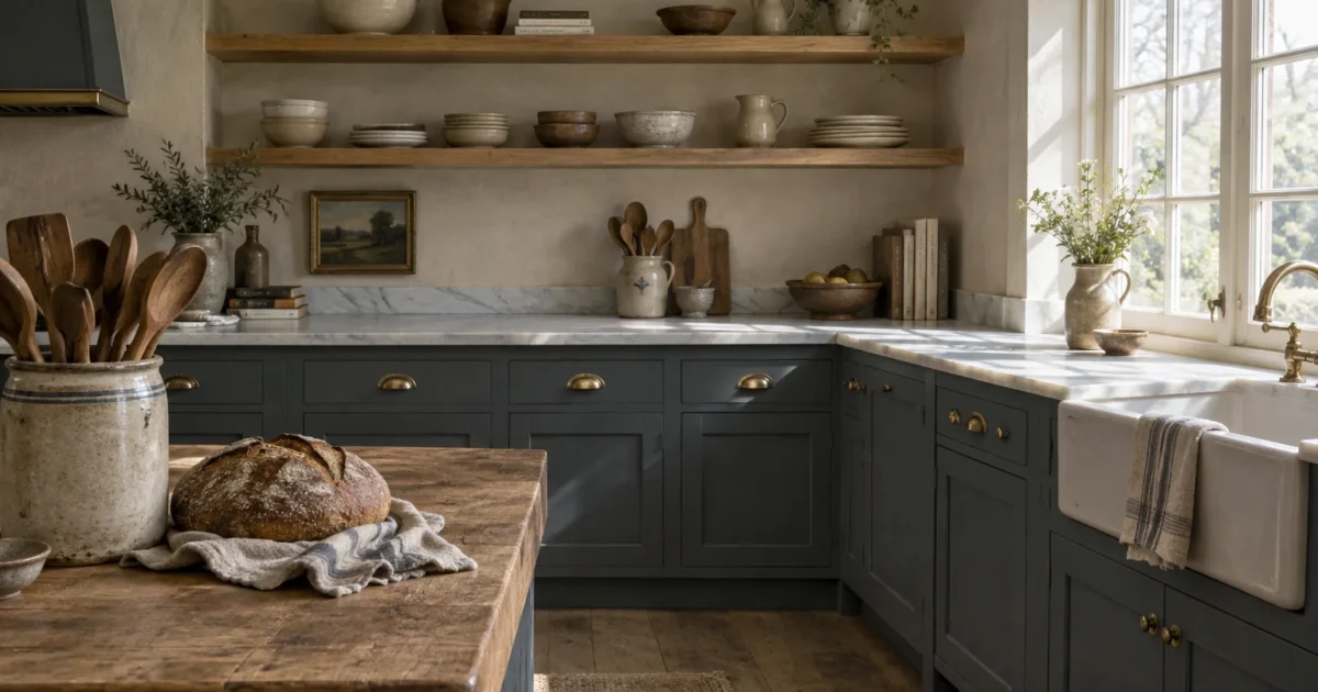 Rustic kitchen featuring dark grey cabinets, marble countertops, open wooden shelves, a farmhouse sink, and a wooden island.