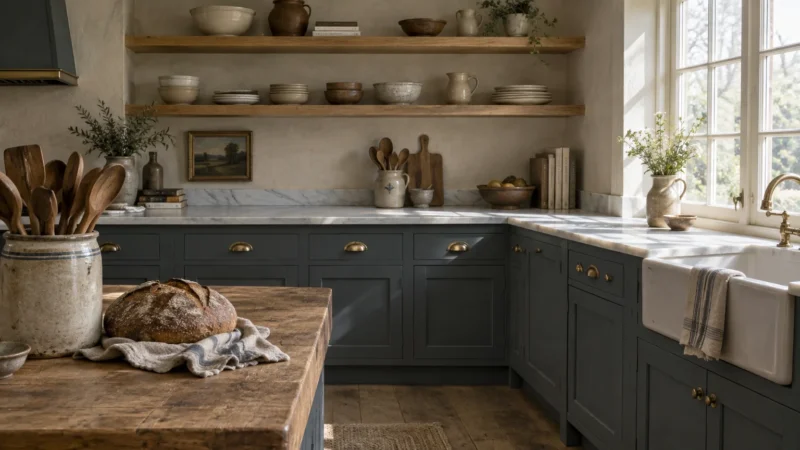 Rustic kitchen featuring dark grey cabinets, marble countertops, open wooden shelves, a farmhouse sink, and a wooden island.