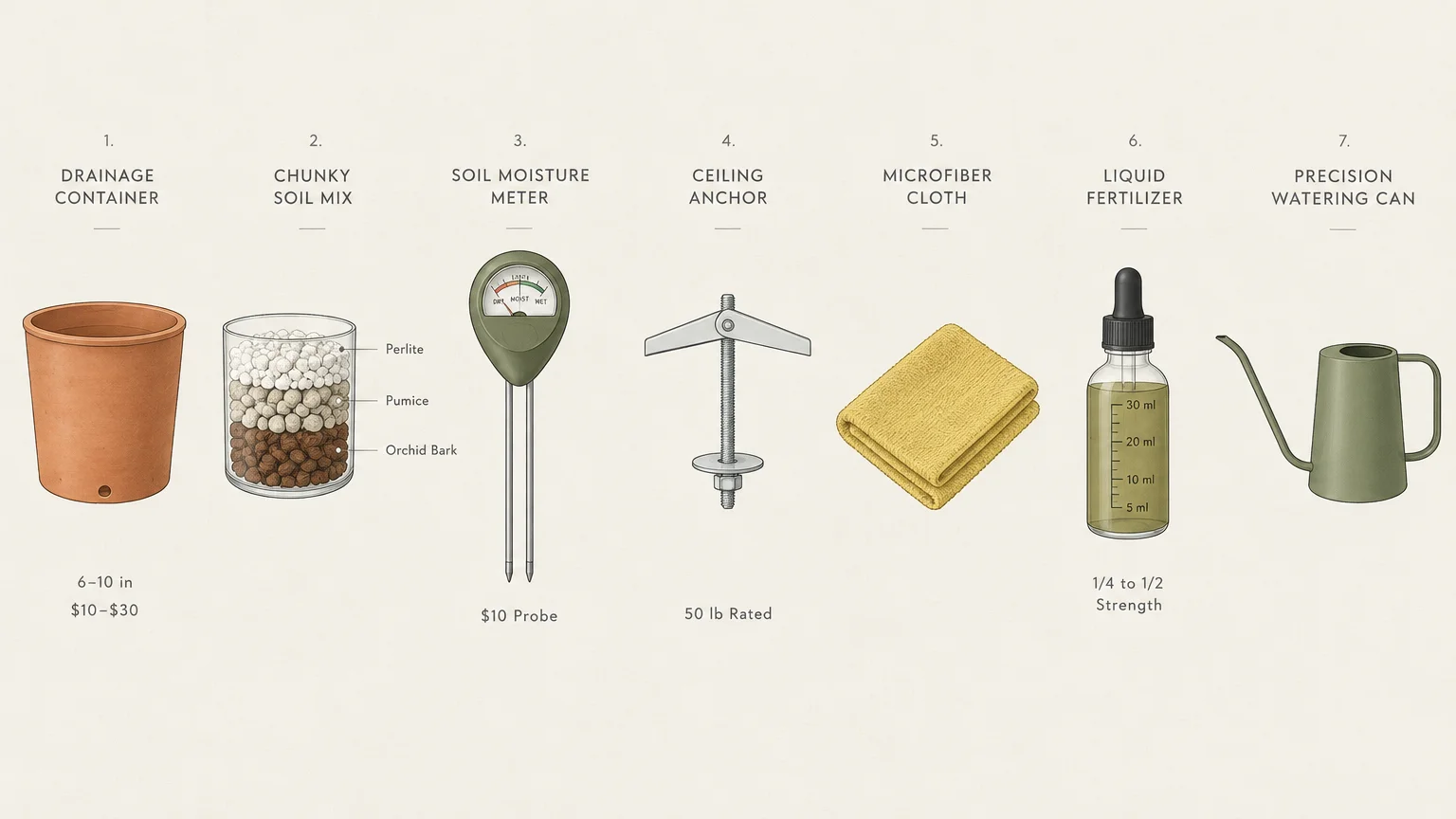 Seven numbered gardening supplies, including a terracotta pot, soil ingredients, moisture probe, cloth, and watering can.