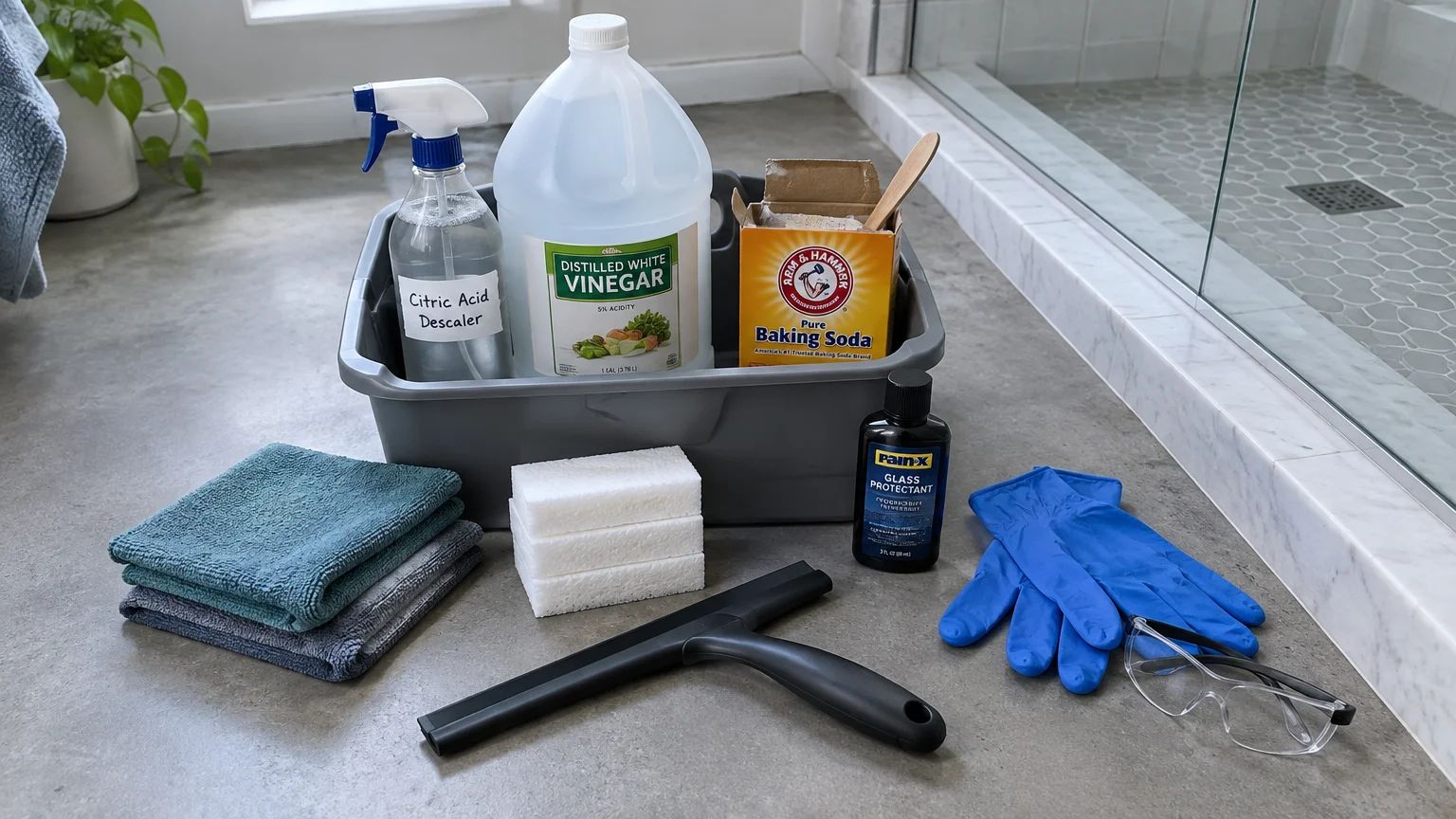 Cleaning supplies including vinegar, baking soda, spray descaler, sponges, microfiber cloths, gloves, and a squeegee on a floor.