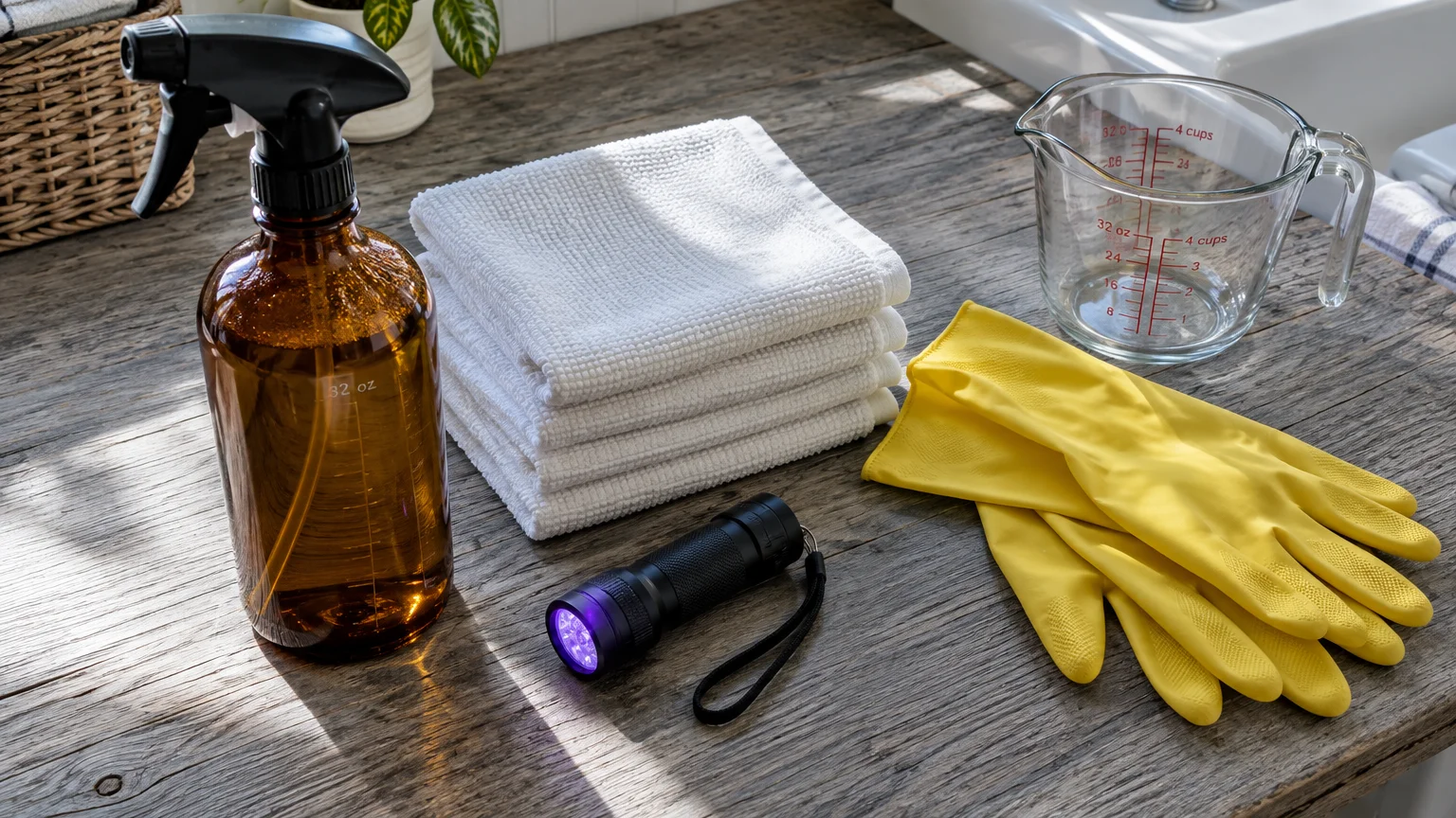 Spray bottle, folded white towels, small black flashlight, measuring cup, and yellow rubber gloves on a wooden counter.