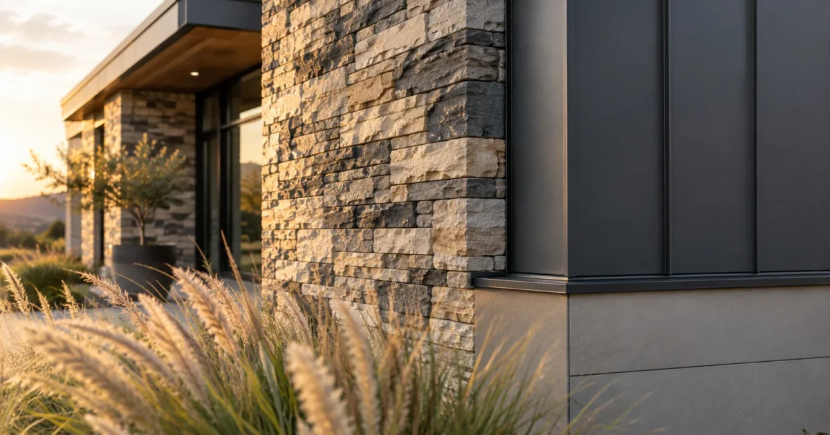 Exterior of a modern home featuring textured stone veneer, dark vertical siding panels, and ornamental grasses.