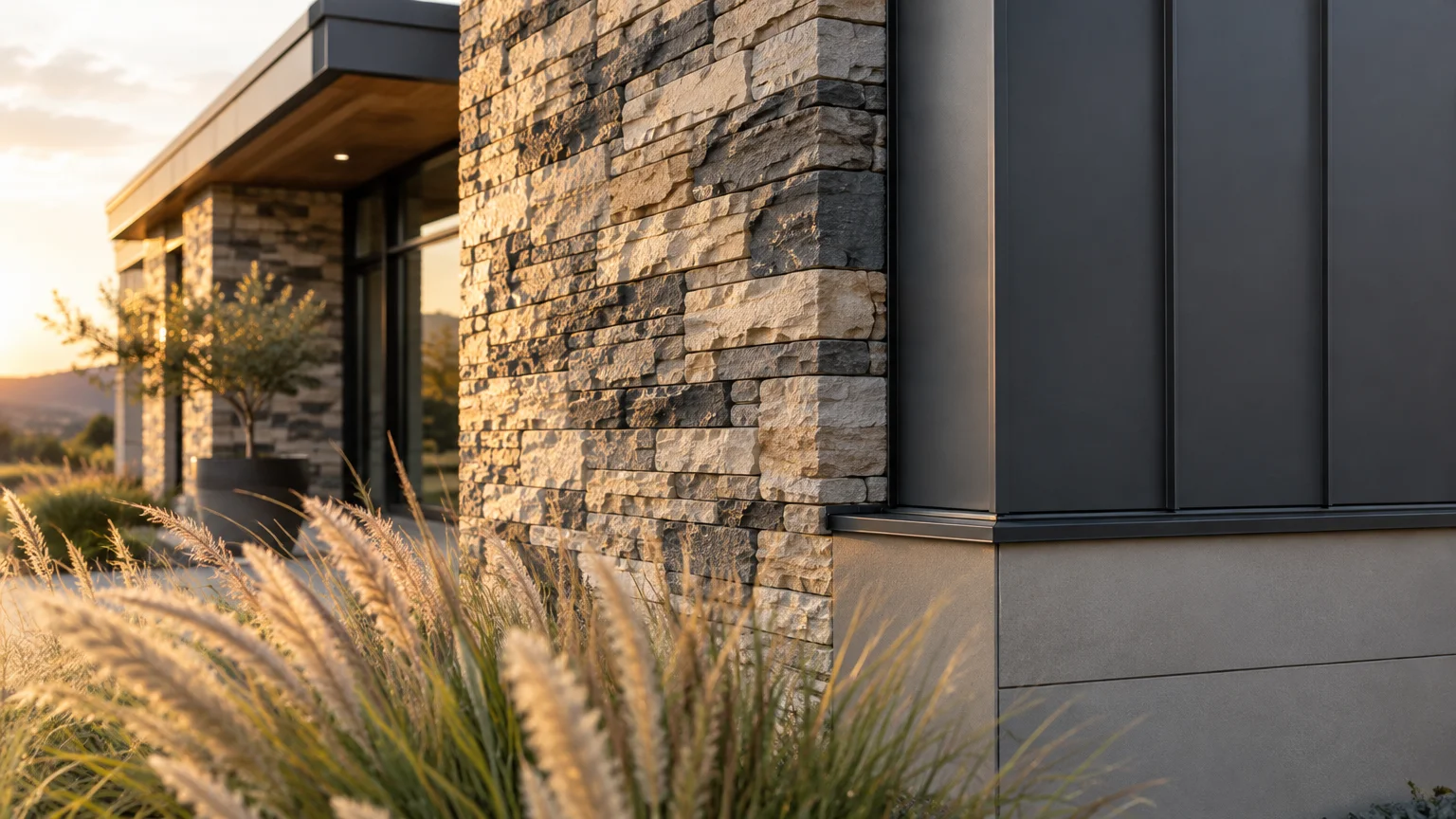 Exterior of a modern home featuring textured stone veneer, dark vertical siding panels, and ornamental grasses.
